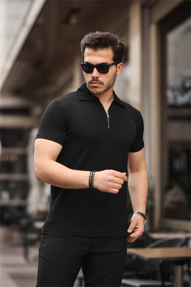 Eg38 Yarım Fermuar Polo Yaka Tşört Siyah