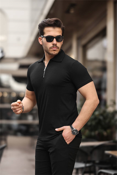 Eg38 Yarım Fermuar Polo Yaka Tşört Siyah