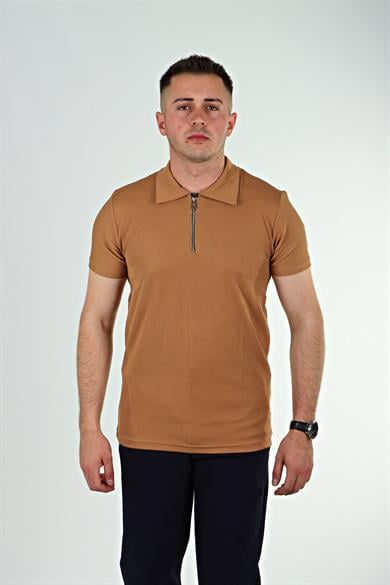 Eg38 Yarım Fermuar Polo Yaka Tşört Taba