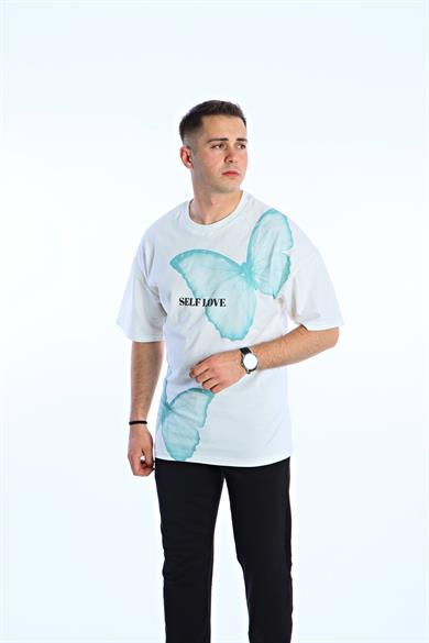 Gng Kelebek Baskılı Oversize Tişört Beyaz