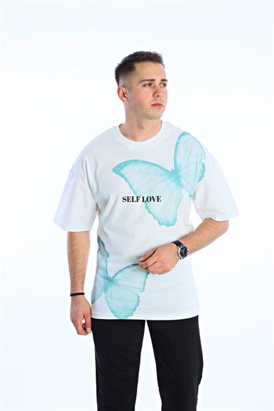 Gng Kelebek Baskılı Oversize Tişört Beyaz