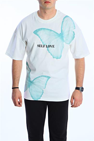 Gng Kelebek Baskılı Oversize Tişört Beyaz