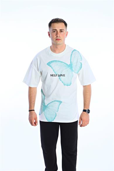 Gng Kelebek Baskılı Oversize Tişört Beyaz