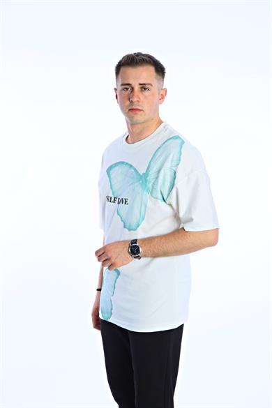 Gng Kelebek Baskılı Oversize Tişört Beyaz