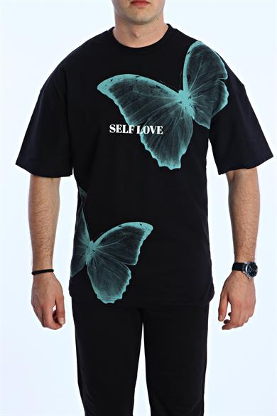 Gng Kelebek Baskılı Oversize Tişört Siyah