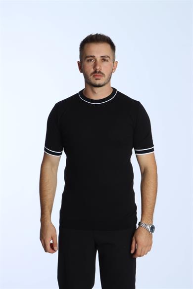 Marco Bisiklet Yaka Çizgili Triko Tshirt Siyah
