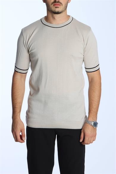 Marco Bisiklet Yaka Çizgili Triko Tshirt Krem