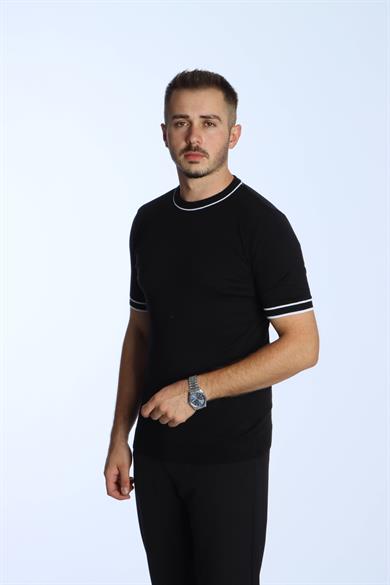 Marco Bisiklet Yaka Çizgili Triko Tshirt Siyah