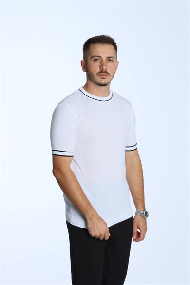 Marco Bisiklet Yaka Çizgili Triko Tshirt Beyaz