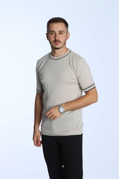 Marco Bisiklet Yaka Çizgili Triko Tshirt Krem