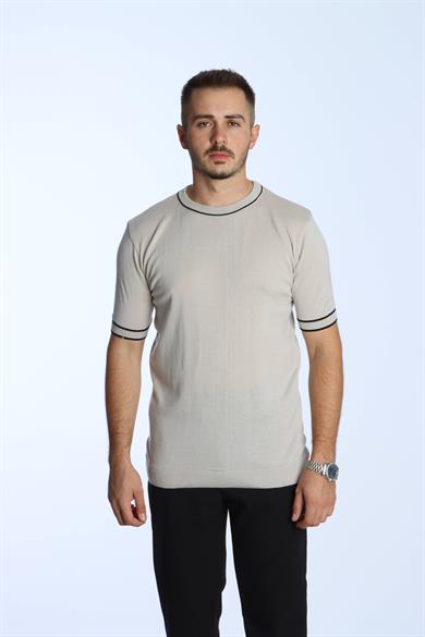 Marco Bisiklet Yaka Çizgili Triko Tshirt Krem