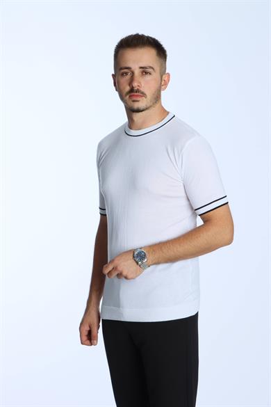 Marco Bisiklet Yaka Çizgili Triko Tshirt Beyaz
