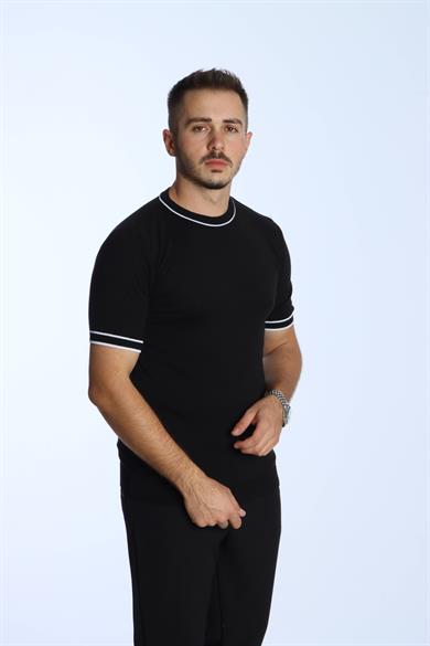Marco Bisiklet Yaka Çizgili Triko Tshirt Siyah