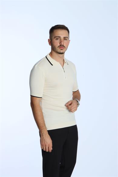 Marco Yakalı Fermuarlı Triko Tshirt Krem