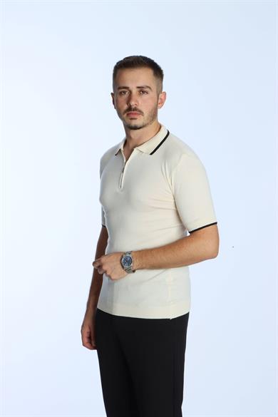 Marco Yakalı Fermuarlı Triko Tshirt Krem