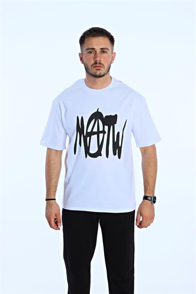 Now  Baskılı Oversize Tişört Beyaz