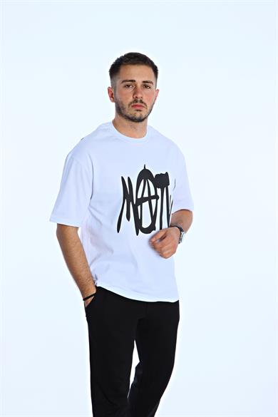 Now  Baskılı Oversize Tişört Beyaz