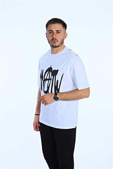Now  Baskılı Oversize Tişört Beyaz