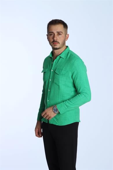 Show Çift Cep Uzun Kol Keten Gömlek Yeşil