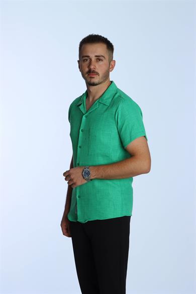 Show Tek Cep Keten Gömlek Yeşil