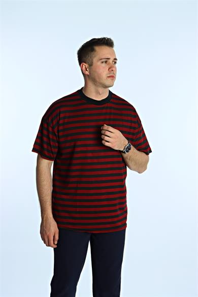 Tk Viskon Çizgili Oversize Tişört Bordo