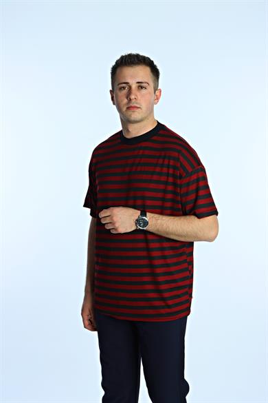 Tk Viskon Çizgili Oversize Tişört Bordo