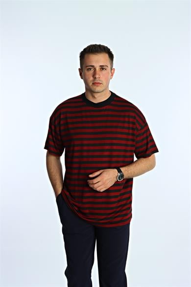 Tk Viskon Çizgili Oversize Tişört Bordo
