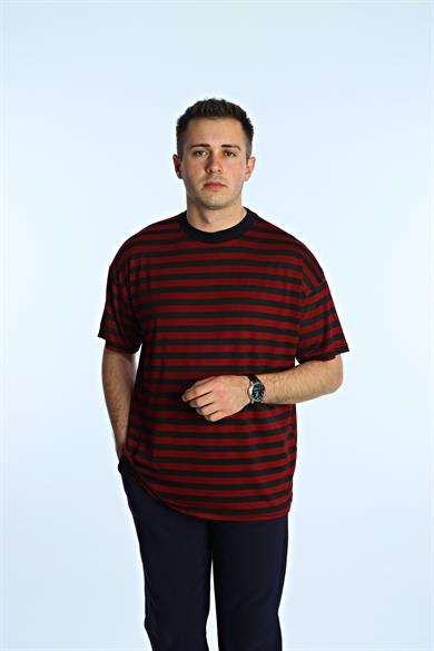 Tk Viskon Çizgili Oversize Tişört Bordo