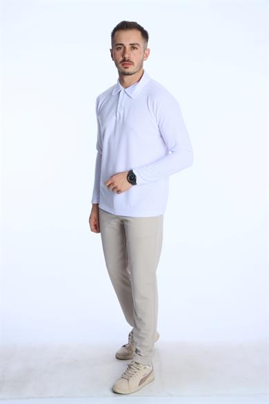 Yakalı Düğmeli Düz Selanik Sweat 026 Beyaz