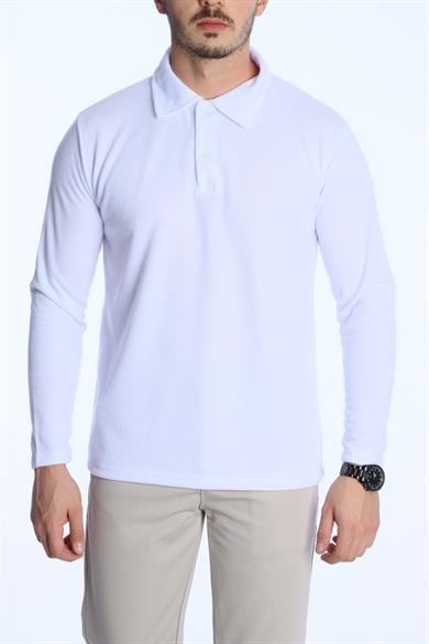 Yakalı Düğmeli Düz Selanik Sweat 026 Beyaz