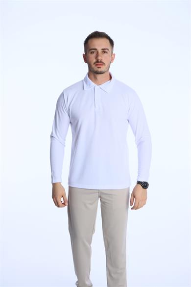 Yakalı Düğmeli Düz Selanik Sweat 026 Beyaz