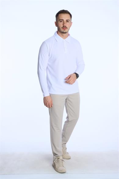 Yakalı Düğmeli Düz Selanik Sweat 026 Beyaz