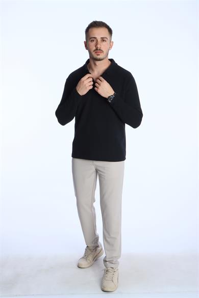 Yakalı Düğmeli Düz Selanik Sweat 026 Siyah