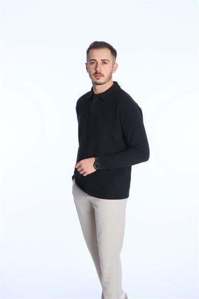 Yakalı Düğmeli Düz Selanik Sweat 026 Siyah
