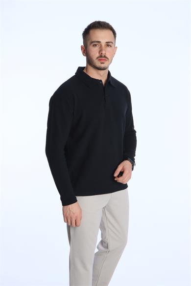 Yakalı Düğmeli Düz Selanik Sweat 026 Siyah