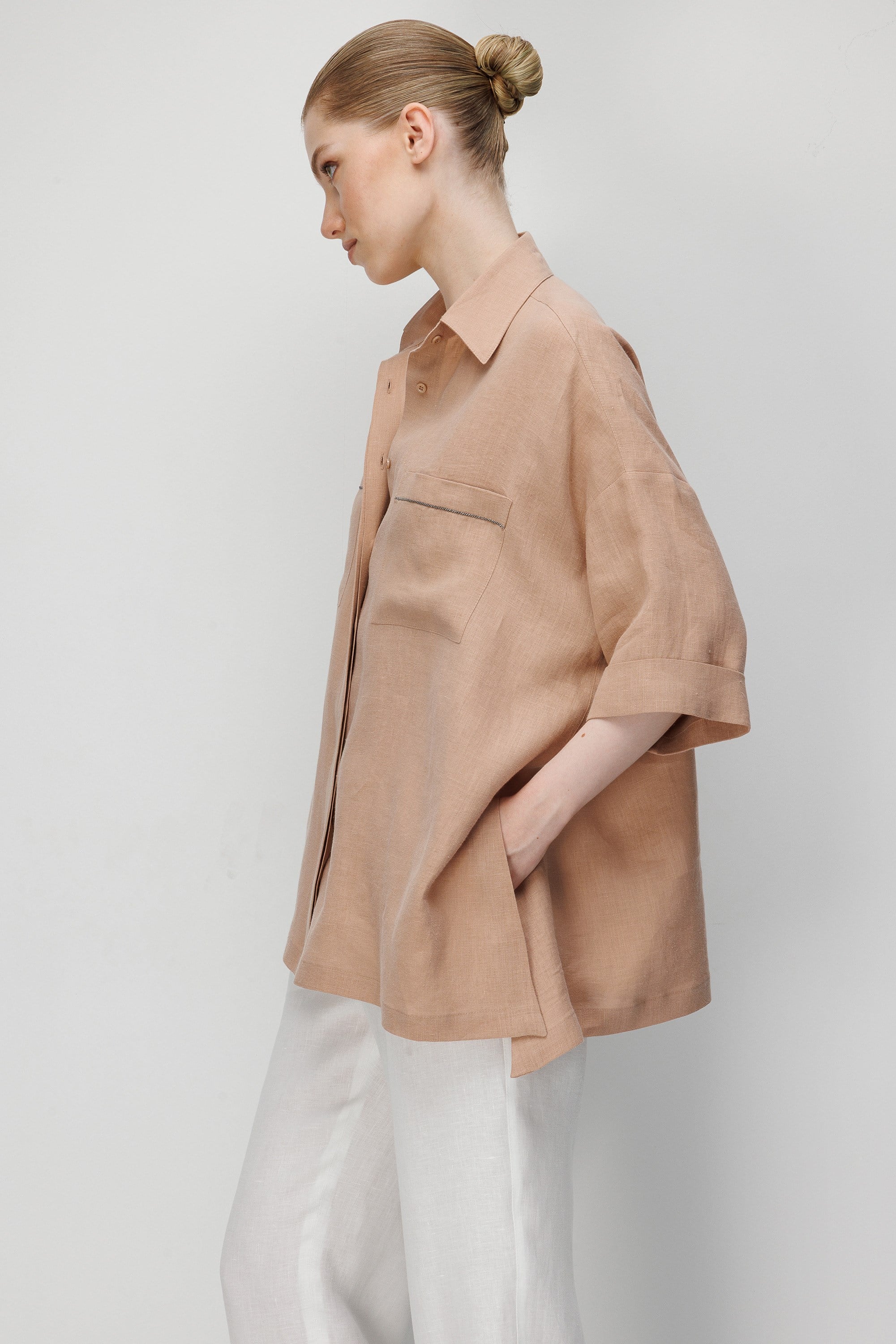 Düşük Kol Oversize Keten Bluz