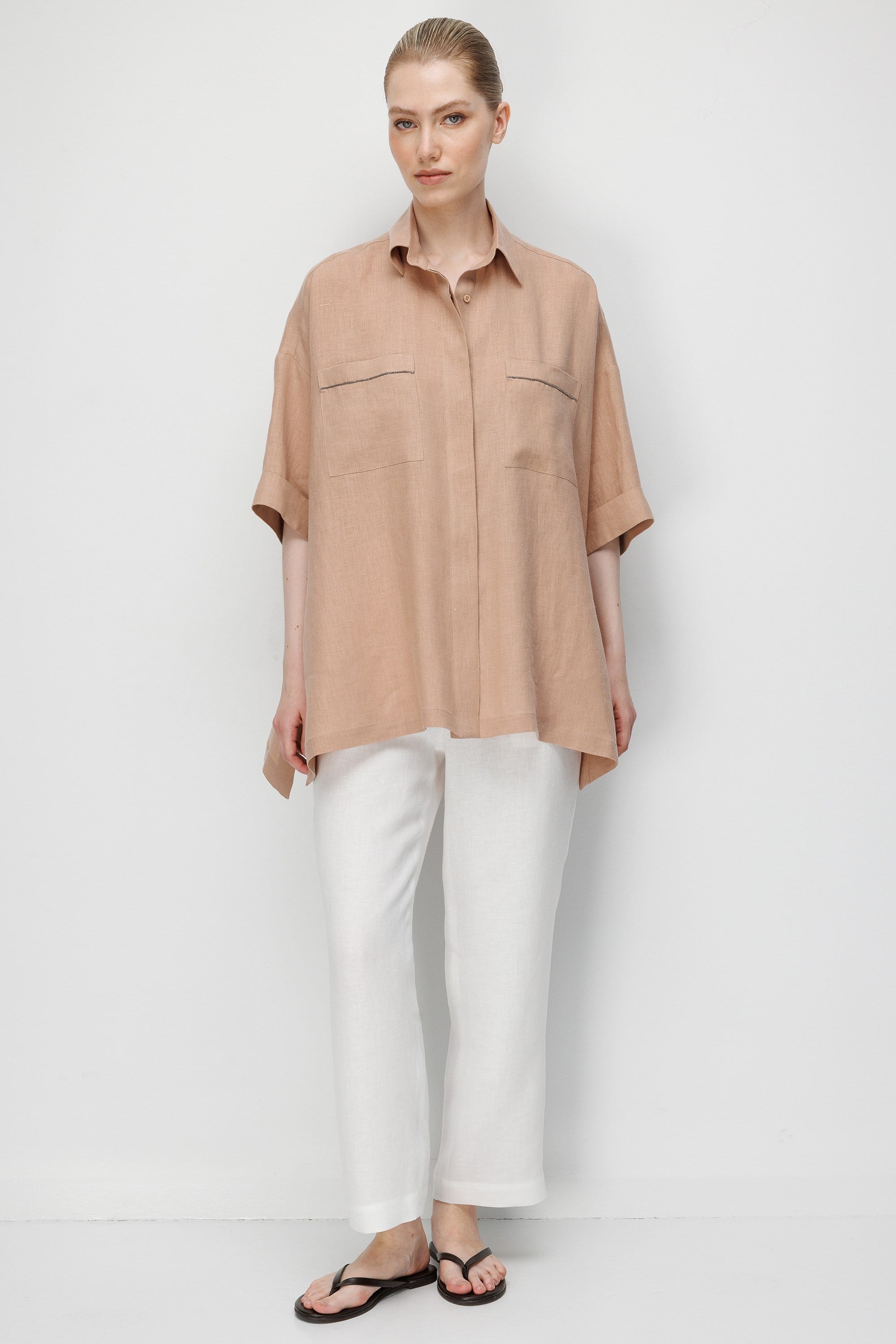 Düşük Kol Oversize Keten Bluz