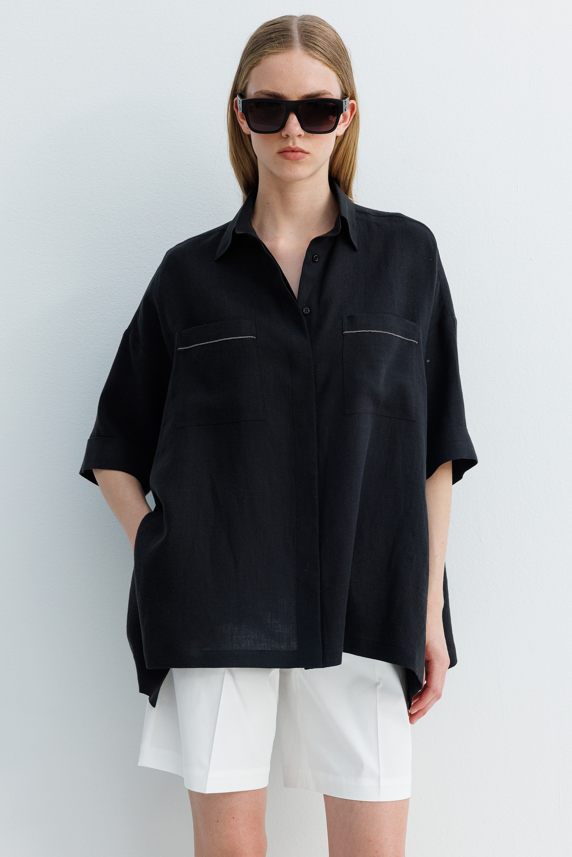 Düşük Kol Oversize Keten Bluz