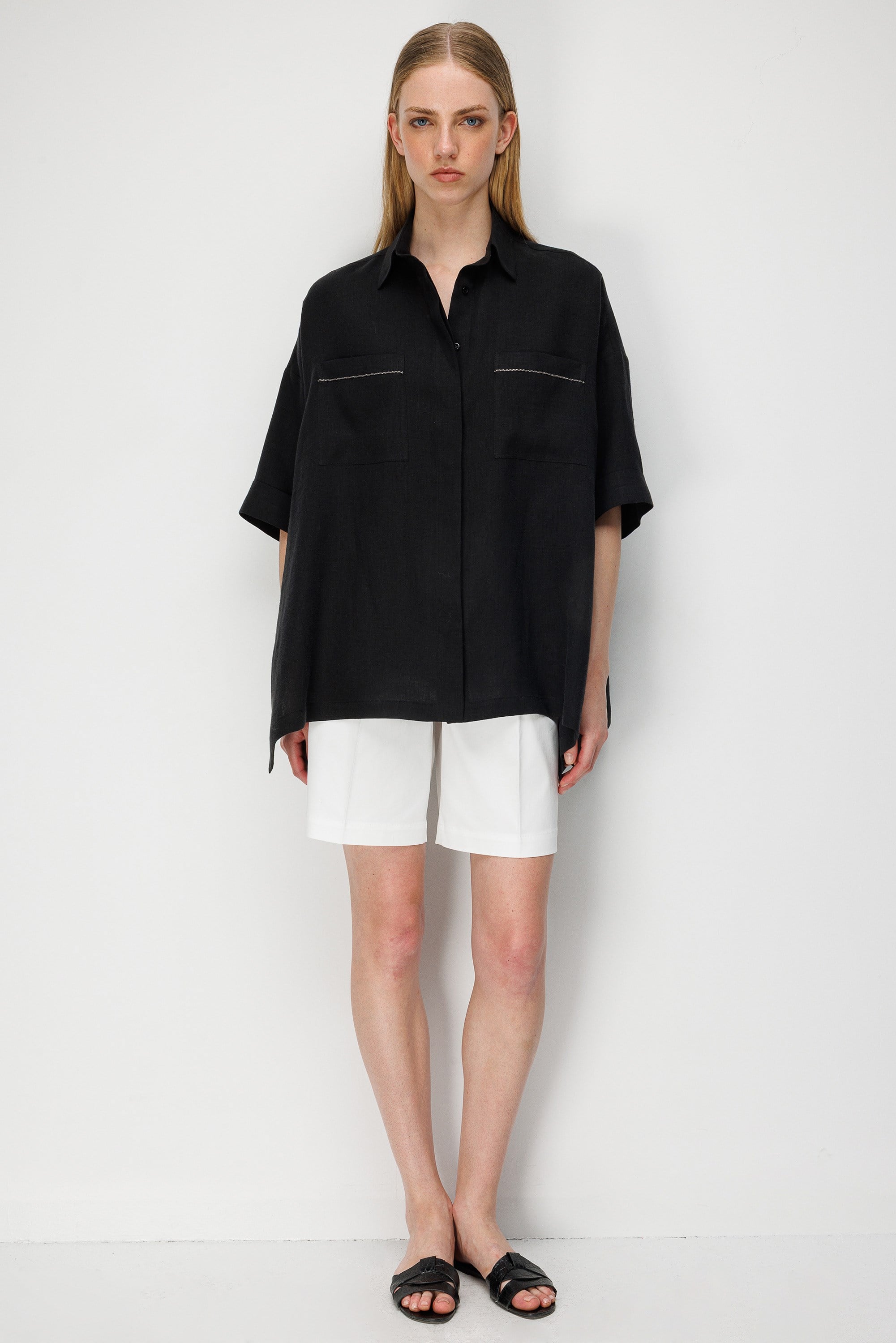 Düşük Kol Oversize Keten Bluz