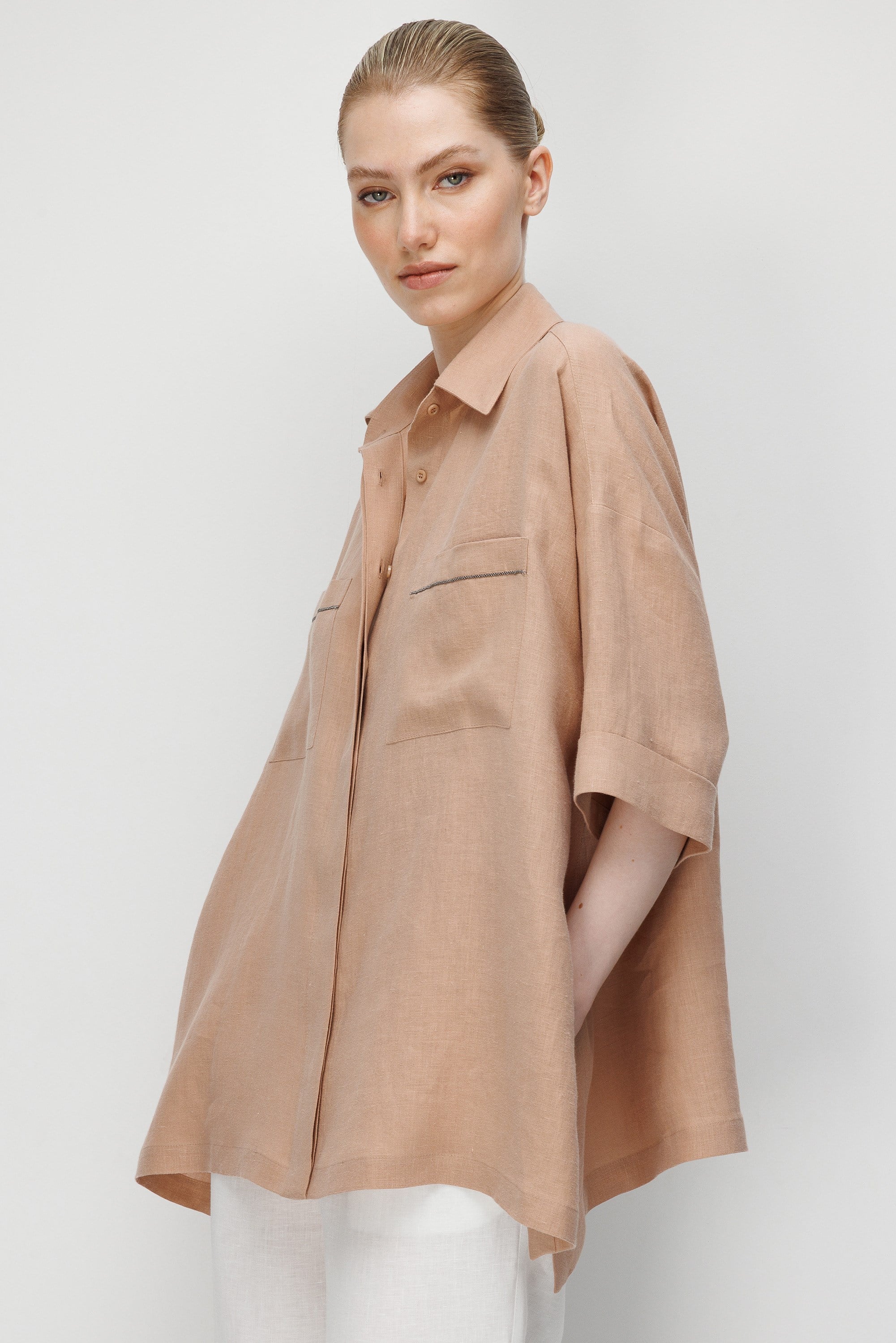 Düşük Kol Oversize Keten Bluz