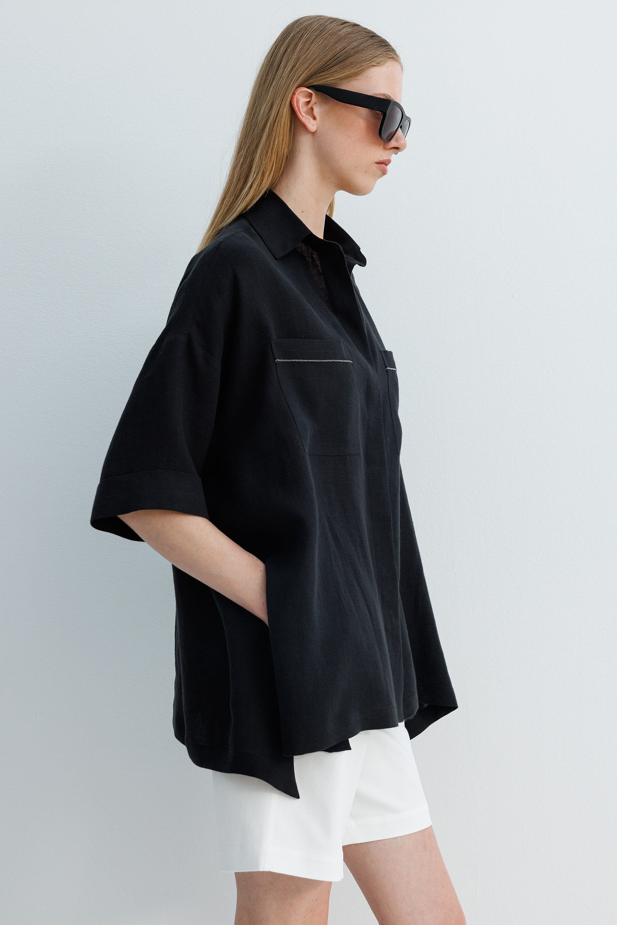 Düşük Kol Oversize Keten Bluz