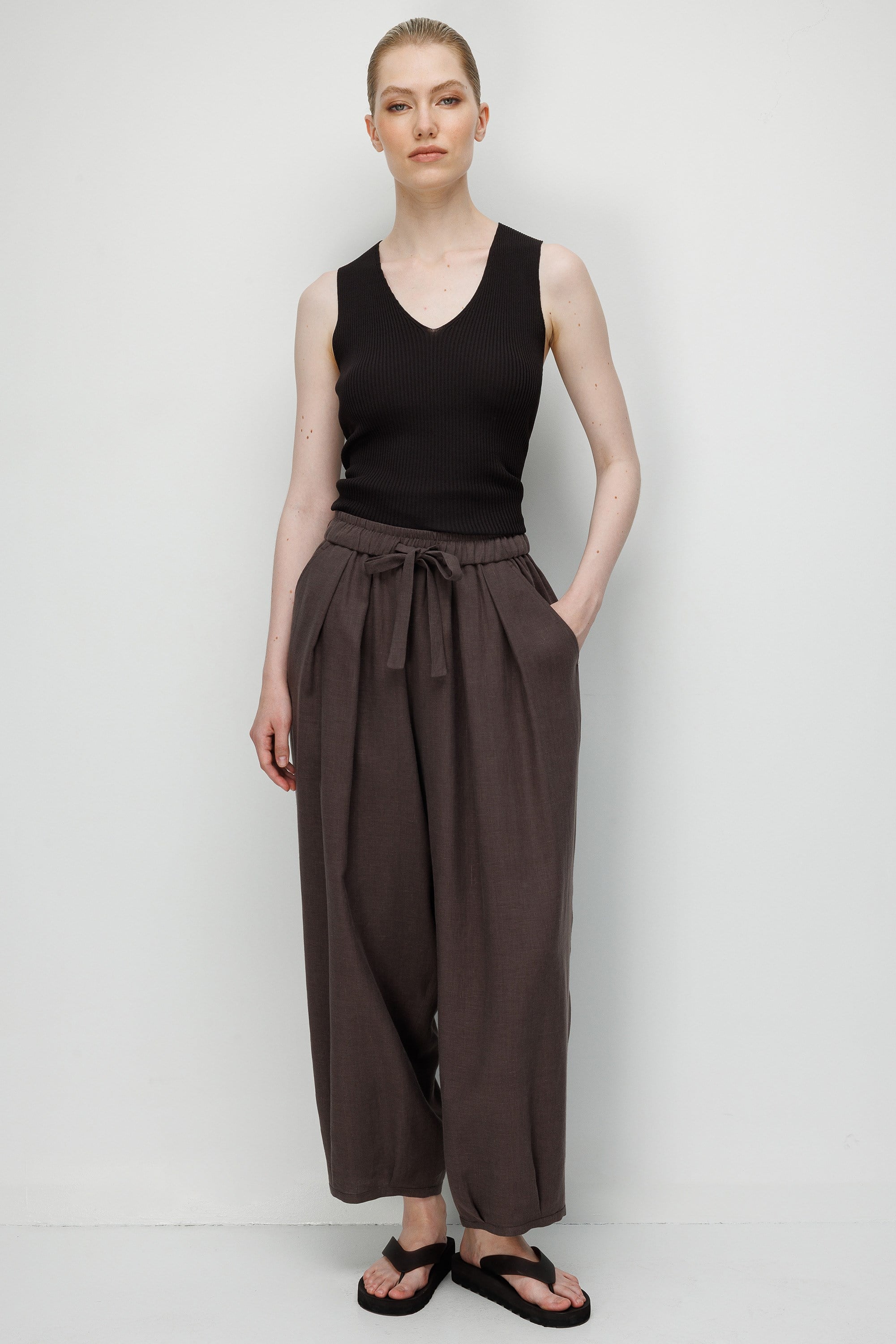 Elastan Kemerli Bol Kesim Keten Pantolon