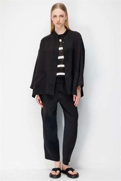 Dik Yaka Oversize Keten Ceket