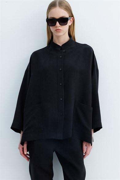 Dik Yaka Oversize Keten Ceket