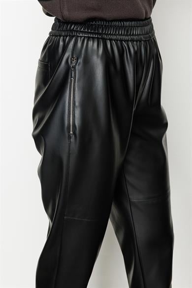 Elastan Kemerli Fermuar Cepli Deri Pantolon