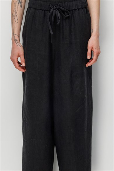 Elastan Kemerli Pensli Keten Pantolon