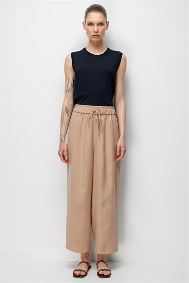 Elastan Kemerli Pensli Keten Pantolon