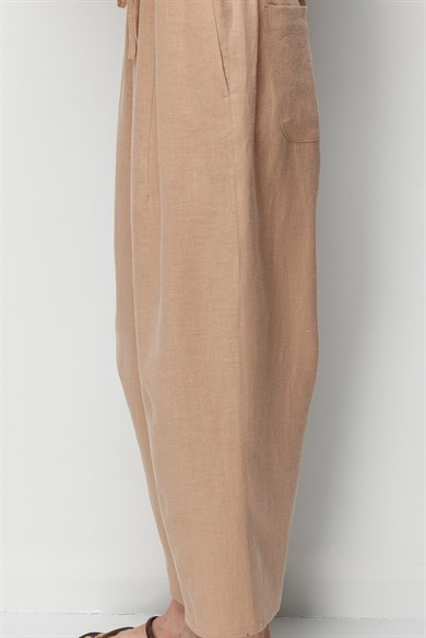 Elastan Kemerli Pensli Keten Pantolon
