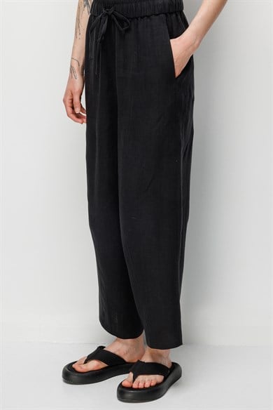 Elastan Kemerli Pensli Keten Pantolon