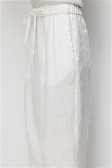 Elastan Kemerli Pensli Keten Pantolon